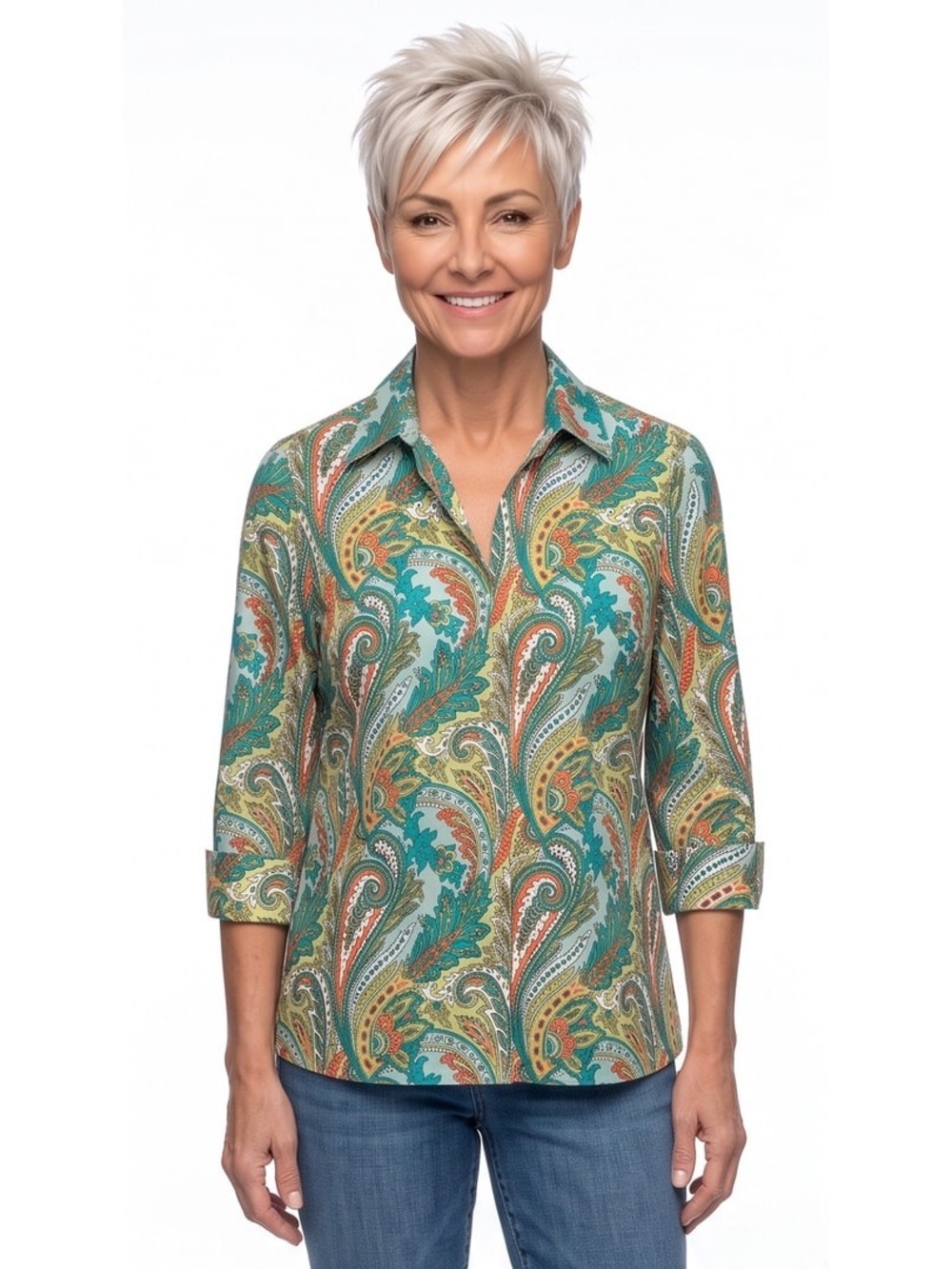 Land’s End Women’s Button Down Shirt Cotton Paisley Print Sz 4P 3/4 sleeves